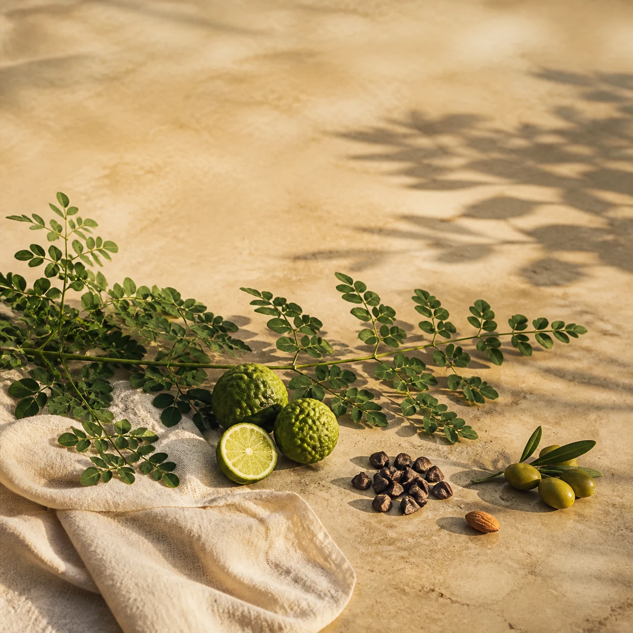 Moringa, kaffir lime, black seed, almond and olives arranged directly on linen and stone